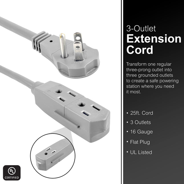 GE Indoor Extension Cord, 25 Ft Power Cable, 3 Grounded Outlets, 3-Prong, Low-Profile Flat Plug, 16 Gauge, UL Listed, Gray, 43025,1 Pack