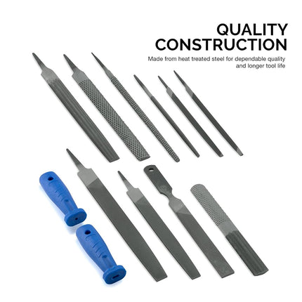 NEIKO 12 Piece Metal File and Rasp Set | 10, 8, and 6 Inch Extra Slim Flat, Half, Mill, and Round Files | Non Slip PVC Blue Handles, Heat Treated Carbon Steel