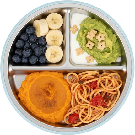 PandaEar 3 Pack Stainless Steel Baby Suction Plates with Lids (Blue)