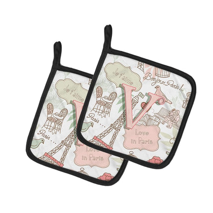 Caroline's Treasures Letter V Love in Paris Pink Pair of Pot Holders CJ2002-VPTHD, Fabric, Multicolor