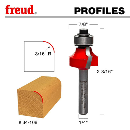 Freud Radius Rounding Over Bit with Perma-Shield Coating and Quadra-Cut Design for Flawless Finish - 2 Cutters, 1/4" Shank Dia., 3/16" Radius, 2-3/16" Length - 34-108