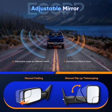 ECCPP Towing Mirrors fit 02-08 for Dodge for Ram 1500 03-09 for Dodge for Ram 2500 3500 Pickup Truck Power Heated Tow Folding Side View Black Mirror Pair Set Right Passenger and Left Driver Side