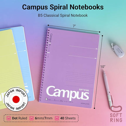KOKUYO Spiral Lined Notebook, 5 Pack 10'' x 7'' Pastel Journal B5 Campus Soft Ring Notebooks with Dot 7 mm Ruled, 40 Sheets, 1 Subject Notebook, Note Taking for School. Japan Import (SU-S111AT)