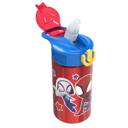 Zak Designs Marvel Spider-Man Botella de agua de acero inoxidable 18/8 de una sola pared para niños, tapa con boquilla abatible con cierre, vaso duradero para deportes o viajes (458 ml, sin BPA, Spidey y sus sorprendentes amigos)