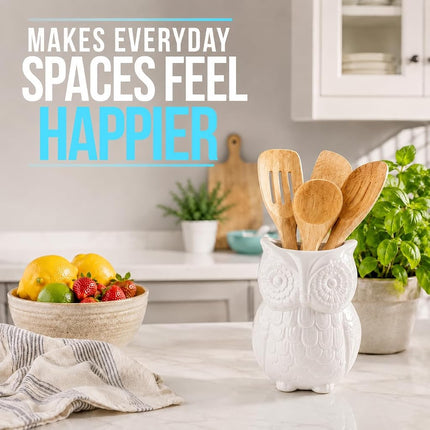 Owl Utensil Holder by Comfify - Decorative Ceramic Cookware Crock & Organiser, in Lovely White Colour - Utensil Caddy and Perfect Kitchen Ceramic Decor Gift - 5" x 7" x 4" Size