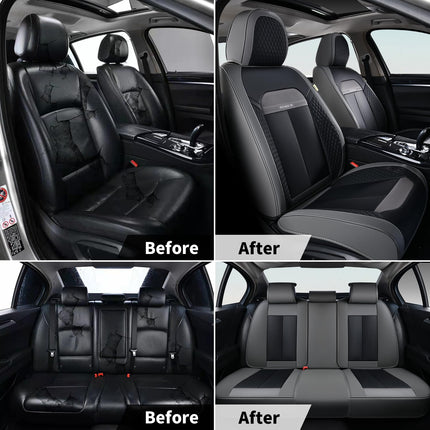 FLORICH Full Set Car Seat Covers 5pcs, Breathable Waterproof Nappa Leather Seat Covers, Gary Seat Covers, Automotive Interior Cover Universal for Cars SUV Truck Sedan - Gary&Black