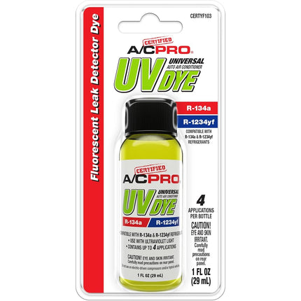 A/C Pro Certified A/C Pro Colorant détecteur de fuites pour climatisation de voiture, colorant UV détecteur de fuites pour systèmes de climatisation R-1234YF, 29,5 ml
