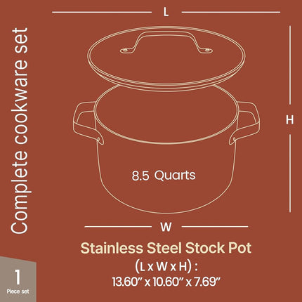 Blue 8.5 Quart Aluminum Stock Pot with Lid, Nonstick Ceramic Coated Boiling Pot, PTFE & PFAS Free, Oven Safe to 500�F, Riveted Stainless Steel Handles, Tempered Glass Lid, All Stove Compatible