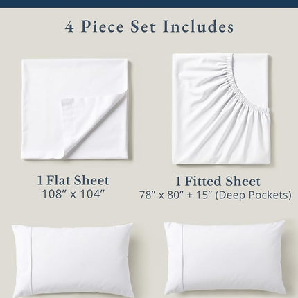 LANE LINEN 100% Organic Cotton Pure White King-Sheets Set 4-Piece Percale Weave Bedding Sheets for Bed Breathable Fits Mattress Upto 15" Deep