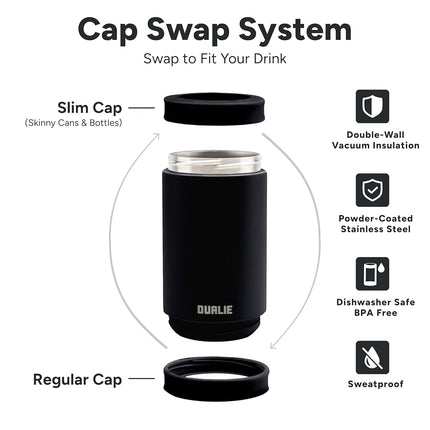 DUALIE 3 in 1 Insulated Can Cooler - Universal Size for 12 oz Cans, Slim Cans, and Bottles - 10+ Colors Available, Black