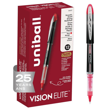 uniball Vision Elite Roller Ball Pen, Stick, Extra-Fine 0.5 Mm, Red Ink, Black/red Barrel