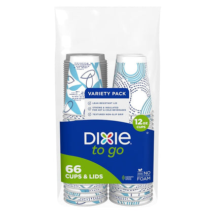 Dixie to Go Paper Cups and Lids, 12Oz, 66 Count, Disposable Insulated Cups and Lids (Designs May Vary)