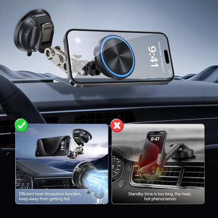This Hill for MagSafe Car Mount Charger(360° Suction Cup & Aluminum Alloy Telescopic arm),15W Fast Charging Compatible with iPhone 15/14/13/12 Series, Magnetic Car Mount for Dashboard and Windshield