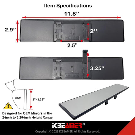 11.8" ICBEAMER Clip On Rear View Mirror | Flat Clear Tint Glass, Panoramic Wide Angle HD Glass, Anti Glare, Universal Fit for Car, SUV, Truck | Eliminates Blind Spots (1 Pack)