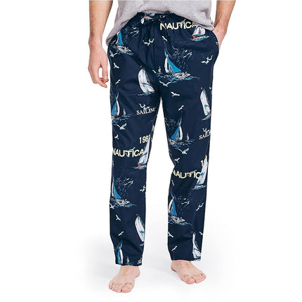 Nautica Men's Soft Woven 100% Cotton Elastic Waistband Sleep Pajama Pant Bottoms, Sailboat Blue, L