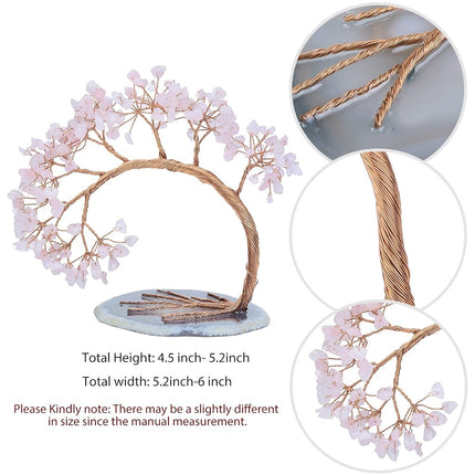 mookaitedecor Natural Rose Quartz Crystal Gemstones Money Tree Agate Slice Base Feng Shui Bonsai Crystal Tree for Wealth Luck Desk Decor, 4.5-5.2 Inch High