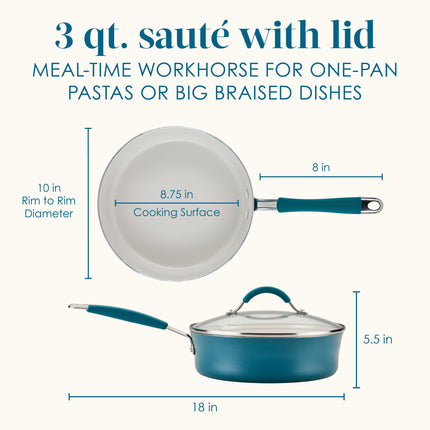 Rachael Ray Cucina Ceramic Nonstick Saute Pan with Lid, 3 Quart Non Stick Sauteuse Pan, Dishwasher Safe - Marine Blue