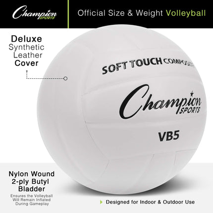 Champion Sports Soft Touch Volleyball, Official Size, for Indoor and Outdoor Training, Practice, Recreation - Durable Volleyballs with Comfortable Synthetic Leather - Premium Volleyball Gear - White