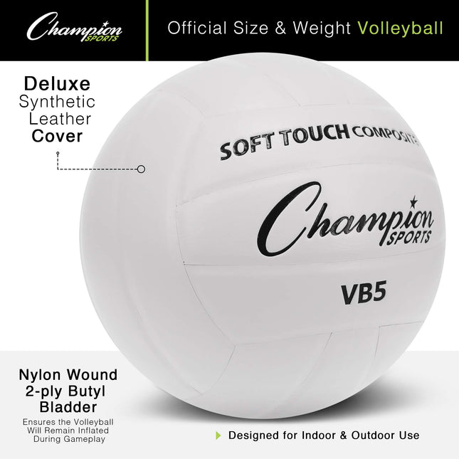 Balón de voleibol Champion Sports Soft Touch, tamaño oficial, para entrenamiento en interiores y exteriores, práctica, recreación - Balones de voleibol duraderos con cómodo cuero sintético - Equipo de voleibol premium - Blanco