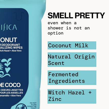 PACIFICA Lingettes déodorantes pour aisselles - Lait de coco et huile essentielle pour femme, 30 lingettes, BLANC, (Lot de 1)