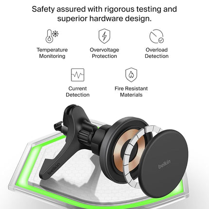 Belkin Wireless Car Charger, Magnetic Car Ventilation Holder with 1M USB C Cable, Qi2 MagSafe Compatible Fast Charger for iPhone 17, Galaxy S25, Pixel 10 and More - Travel Accessories - Black