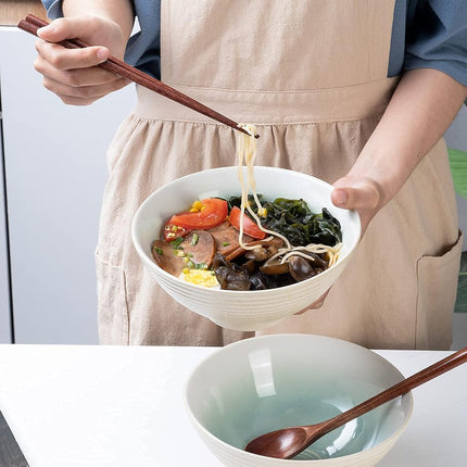 HOKELER Ceramic Japanese Ramen Bowl Set, 2 Sets Asian Pho Udon Soup Noodle Bowls with Spoons and Chopsticks (Green, 8 inches)