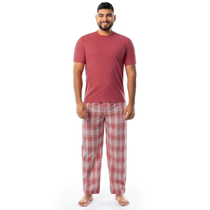 IZOD Men's Short Sleeve Jersey Top and Printed Pants Pajama Sleep Set, Red/Red Plaid, 3XL