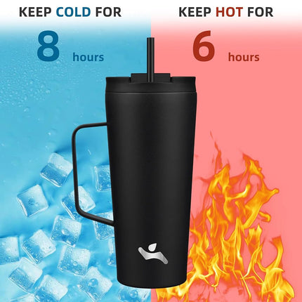 Konokyo Insulated Tumbler with Handle and Straw, 22 OZ Travel Coffee Mug Stainless Steel Cup Metal Water Bottle,Black