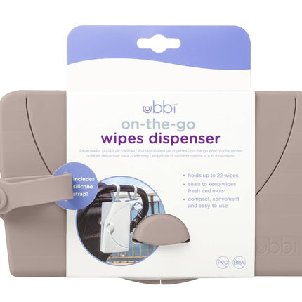 Ubbi On-The-Go Baby Wipes Dispenser, Portable Wipes Container for Travel, Diaper Bag Accessory Must Have for Newborns, Reusable Wipes Holder, Taupe