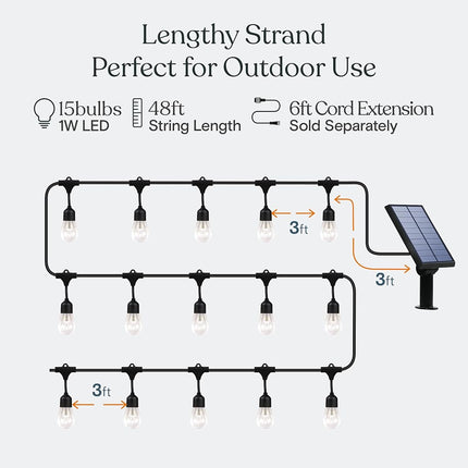 Brightech Ambience Pro - Waterproof, Solar Power Outdoor String Lights - 48 Ft Hanging Edison Bulbs Create Bistro Ambience in Your Yard - Commercial Grade, Shatterproof - 1W LED, Soft White Light