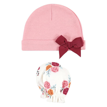 Hudson Baby unisex-baby Cotton Cap and Scratch Mitten Set, Autumn Rose, 0-6 Months