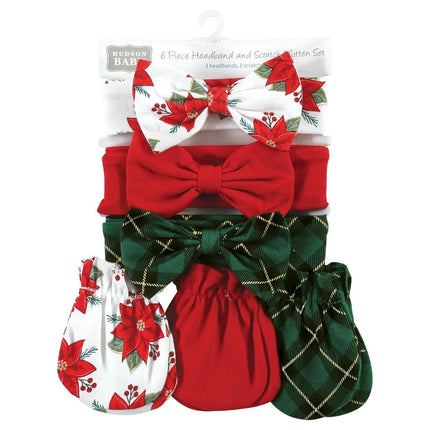 Set de diadema y manoplas de algodón para bebé unisex Hudson Baby, Flor de Pascua, 0-6 meses, Flor de Pascua, 0-6 meses