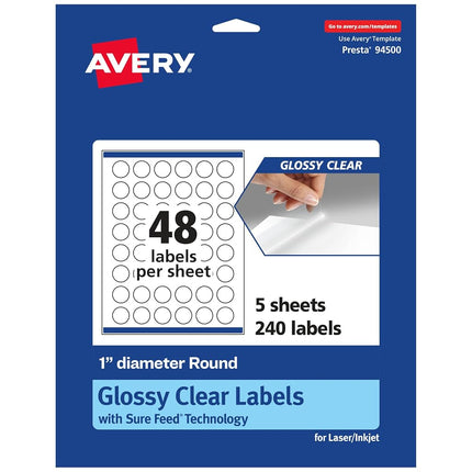 Avery Glossy Clear Round Labels with Sure Feed, 1" Diameter, 240 Glossy Clear Labels (36529)