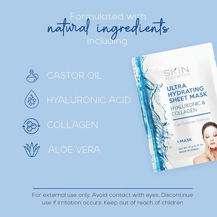 Mascarilla facial de láminas con ácido hialurónico y colágeno Skin Aesthetics - Reafirmante, Antiedad, Hidratante y Rellenadora - Cuidado de la piel coreano probado por dermatólogos - Cosmética limpia, Sin crueldad animal - 5 mascarillas