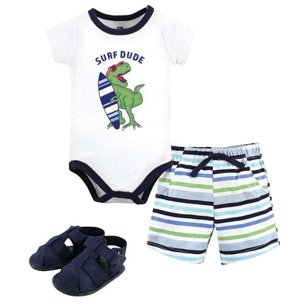 Hudson Baby Unisex Baby Cotton Bodysuit, Shorts and Shoe Set, Surf Dude, 12-18 Months