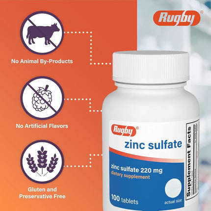 Rugby Zinc Sulfate 220mg Tablets Supplement 100 Count Bottle