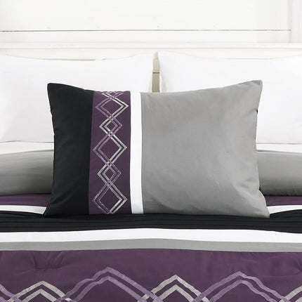 Chezmoi Collection Arden 7-Piece Modern Pleated Stripe Embroidered Zigzag Bedding Comforter Set (Full, Purple/Black/Gray/White)