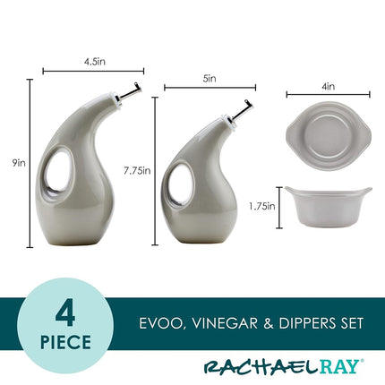 Rachael Ray Serveware Ceramics EVOO and Ramekin Dipper Set, 4 Piece, Light Sea Salt Gray