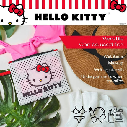Franco Collectibles Hello Kitty Sac de plage/piscine étanche à pois pour maillot de bain, maquillage, articles de toilette (produit sous licence officielle)