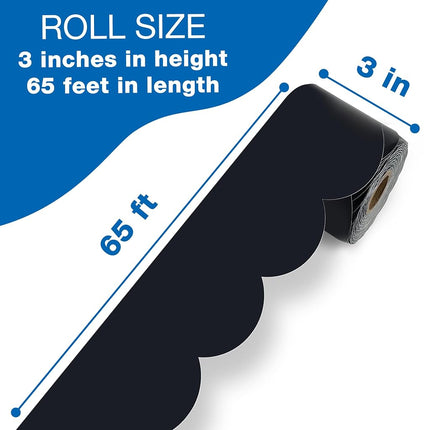 Carson Dellosa 65Ft of Black Bulletin Board Borders, 1 Roll of Scalloped Trim for Rolling Whiteboard, Cork and Posterboard, Party, Office Decorations, and Classroom Decor