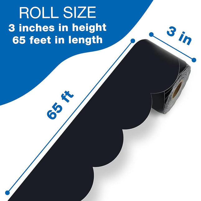 Carson Dellosa 65Ft of Black Bulletin Board Borders, 1 Roll of Scalloped Trim for Rolling Whiteboard, Cork and Posterboard, Party, Office Decorations, and Classroom Decor