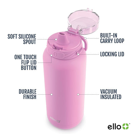 Ello Cooper 22oz Stainless Steel Water Bottle with Straw and Carry Handle, Double Walled and Vacuum Insulated Metal, Leak Proof Locking Lid with Soft Silicone Spout, Reusable, BPA Free, Bubblegum