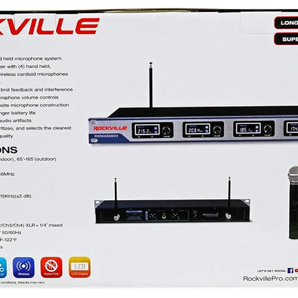 Rockville RWM4200VH VHF Wireless Quad HandHeld Microphone System with LCD Display