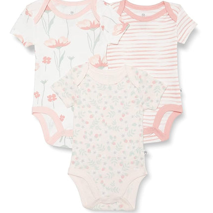 HonestBaby Paquete de 3 mamelucos unisex de manga corta de una pieza 100% algodón orgánico para bebés, niños y niñas, rosa fresa floral, recién nacido