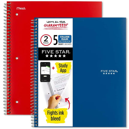 Cahiers à spirale Five Star + application d'étude, paquet de 2, 5 sujets, lignage universitaire, 200 feuilles, 8,5 po x 11 po, Bleu Pacifique et Rouge Feu (38459)