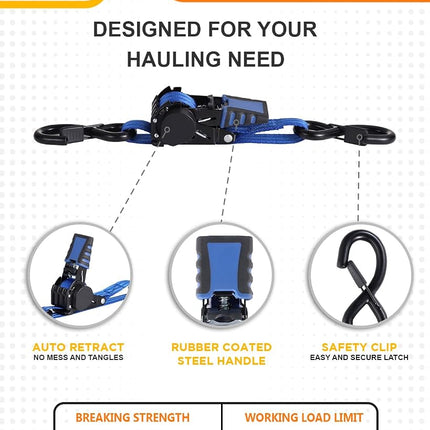Strapinno Retractable Ratchet Straps - 1 in x 2.5 ft Heavy Duty Boat Transom Tie Down, 2PCS, 2400lbs Breaking Strength, S Hooks with Safety Clip, for Boat, Jetski, Seadoo, Waverunner, and PWCs (Blue)