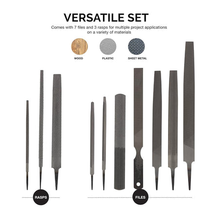 NEIKO 12 Piece Metal File and Rasp Set | 10, 8, and 6 Inch Extra Slim Flat, Half, Mill, and Round Files | Non Slip PVC Blue Handles, Heat Treated Carbon Steel