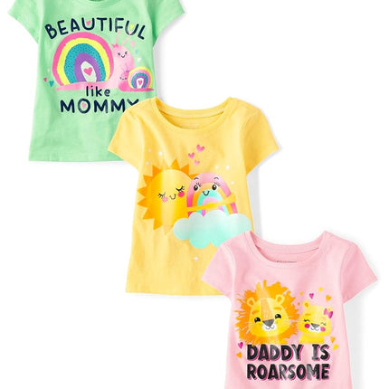 The Children's Place Baby Toddler Girl Short Sleeve Graphic T-Shirt 3-Pack, Beautiful Mommy/Sunshine/Daddy Roarsome, 3T