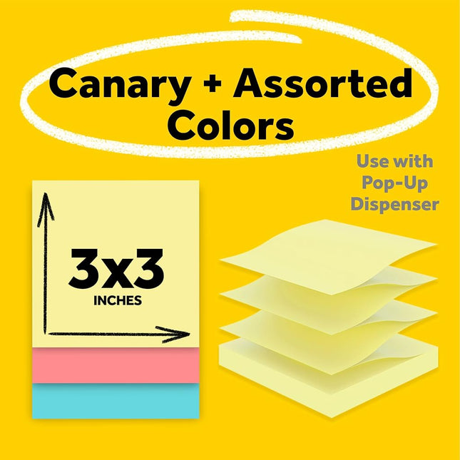 Bonus Pack Pop-Up Refills 3 x 3, Canary Yellow/AST., 100-Sheet 18/Pack