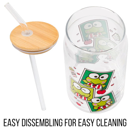 Silver Buffalo Sanrio Hello Kitty and Friends Keroppi Polaroids Glass Jar Tumbler with Bamboo Lid and Glass Straw, 16 Ounces